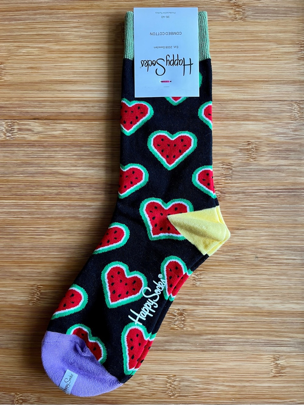 1 Pair Of Happy Socks Black with Red Heart Shaped Watermelons Unisex crew socks